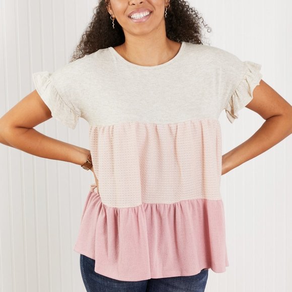 Hailey & Co Full Size Color Block Cold-Shoulder Blouse